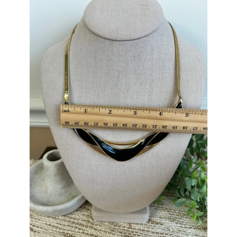 Vintage Napier Gold Tone Black Enamel Modernist Collar Herringbone Necklace